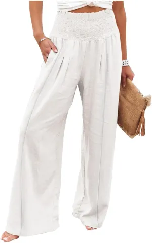 Flwoy Palazzo Pants for Women Smocked Elastic Waist Boho Linen Wide Leg Pants Casual Flowy Summer Pants with Pockets
