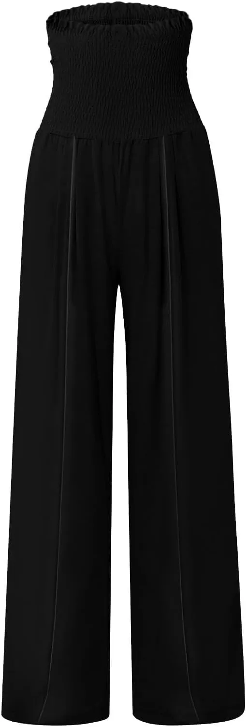 Flwoy Palazzo Pants for Women Smocked Elastic Waist Boho Linen Wide Leg Pants Casual Flowy Summer Pants with Pockets