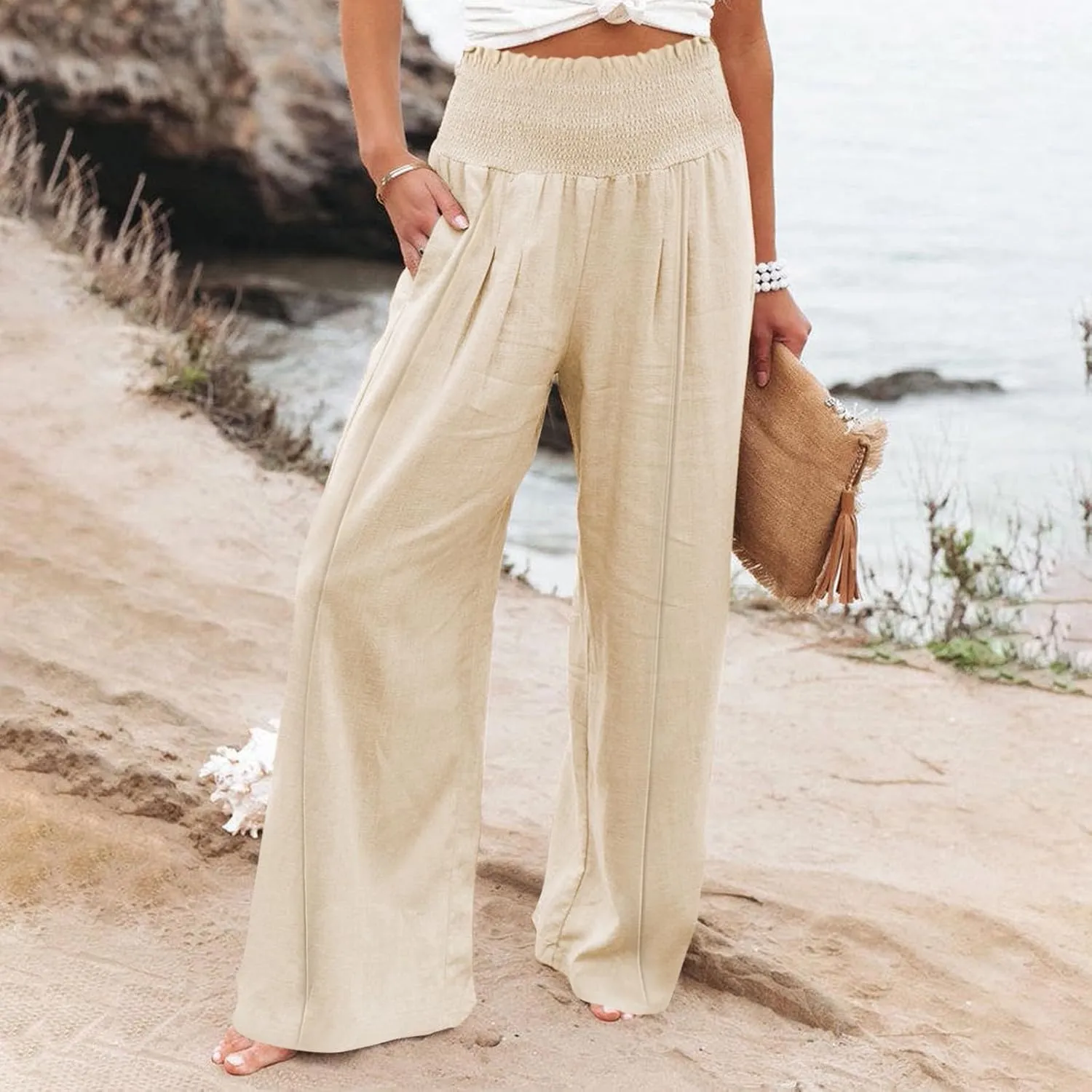 Flwoy Palazzo Pants for Women Smocked Elastic Waist Boho Linen Wide Leg Pants Casual Flowy Summer Pants with Pockets