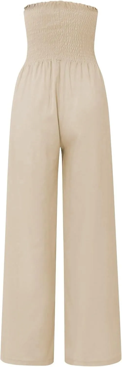 Flwoy Palazzo Pants for Women Smocked Elastic Waist Boho Linen Wide Leg Pants Casual Flowy Summer Pants with Pockets