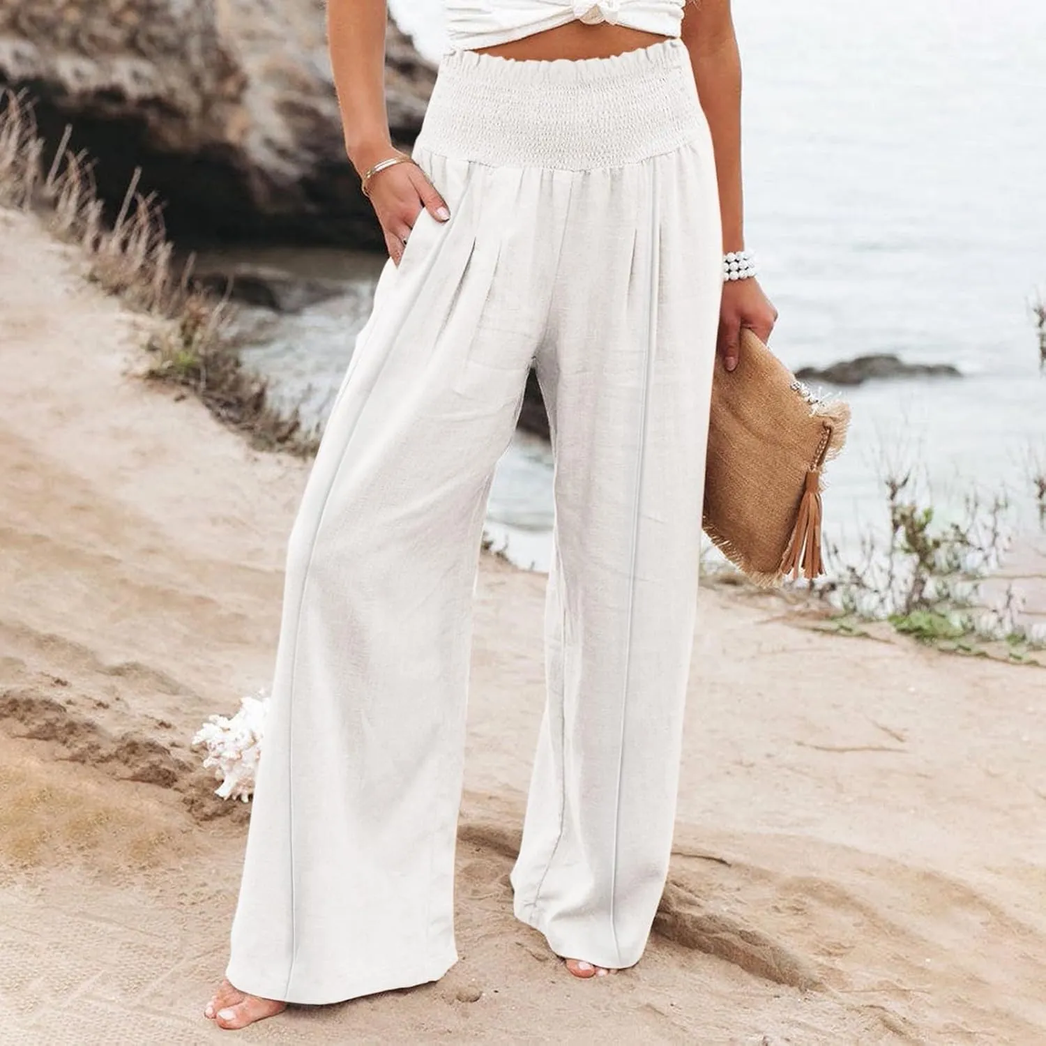 Flwoy Palazzo Pants for Women Smocked Elastic Waist Boho Linen Wide Leg Pants Casual Flowy Summer Pants with Pockets