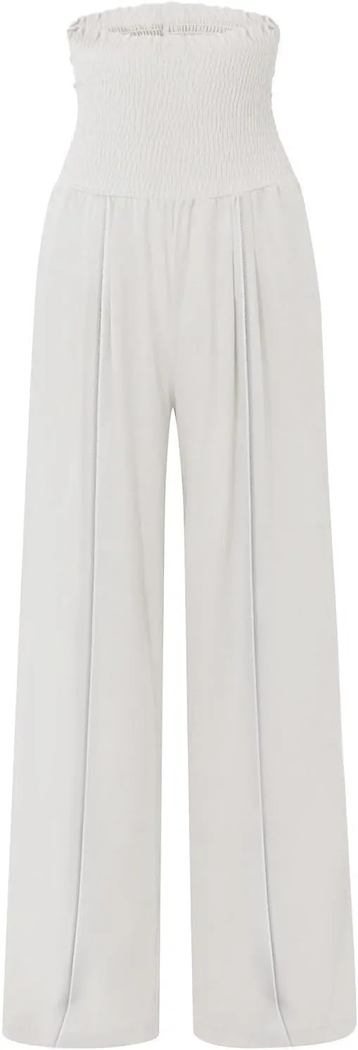 Flwoy Palazzo Pants for Women Smocked Elastic Waist Boho Linen Wide Leg Pants Casual Flowy Summer Pants with Pockets