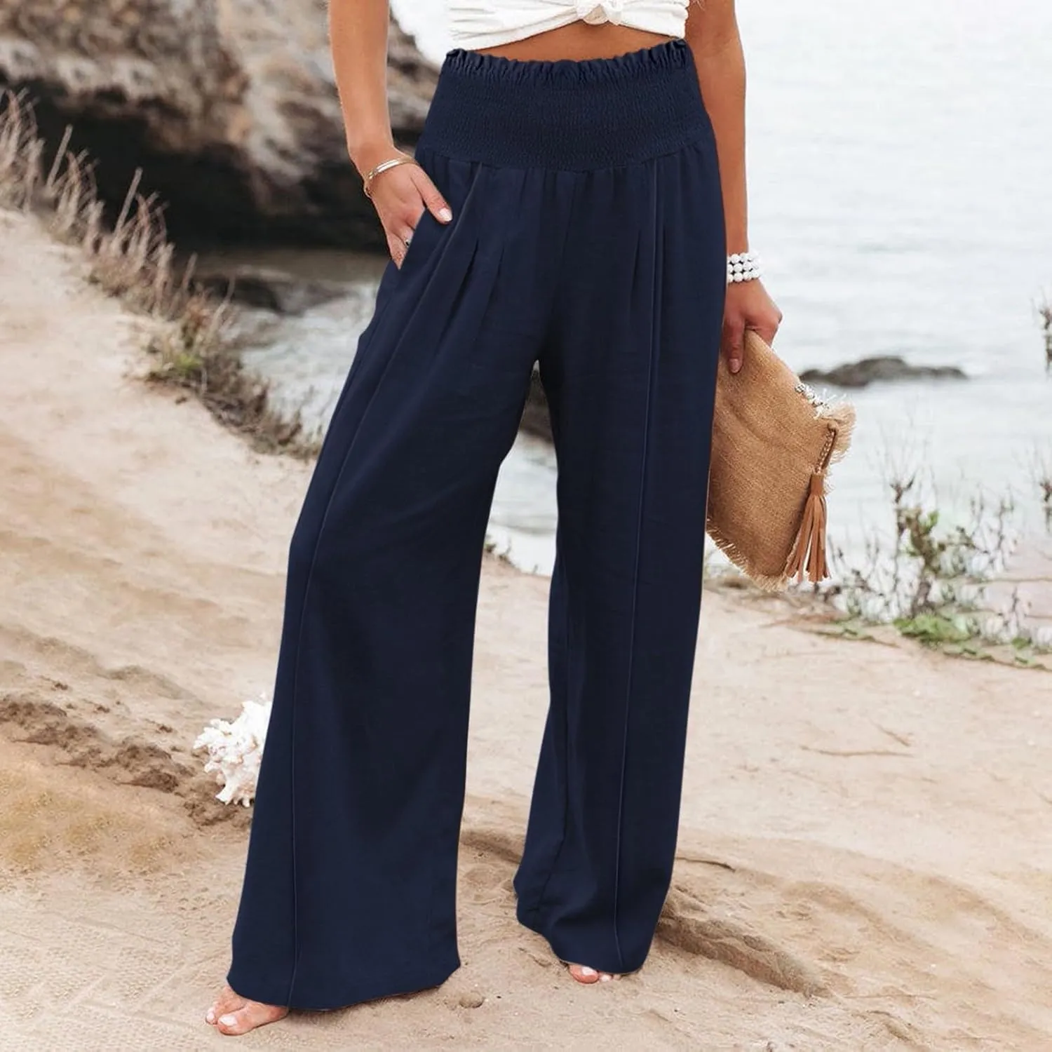 Flwoy Palazzo Pants for Women Smocked Elastic Waist Boho Linen Wide Leg Pants Casual Flowy Summer Pants with Pockets