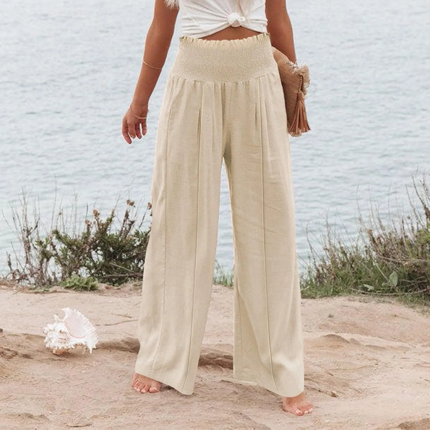 Flwoy Palazzo Pants for Women Smocked Elastic Waist Boho Linen Wide Leg Pants Casual Flowy Summer Pants with Pockets