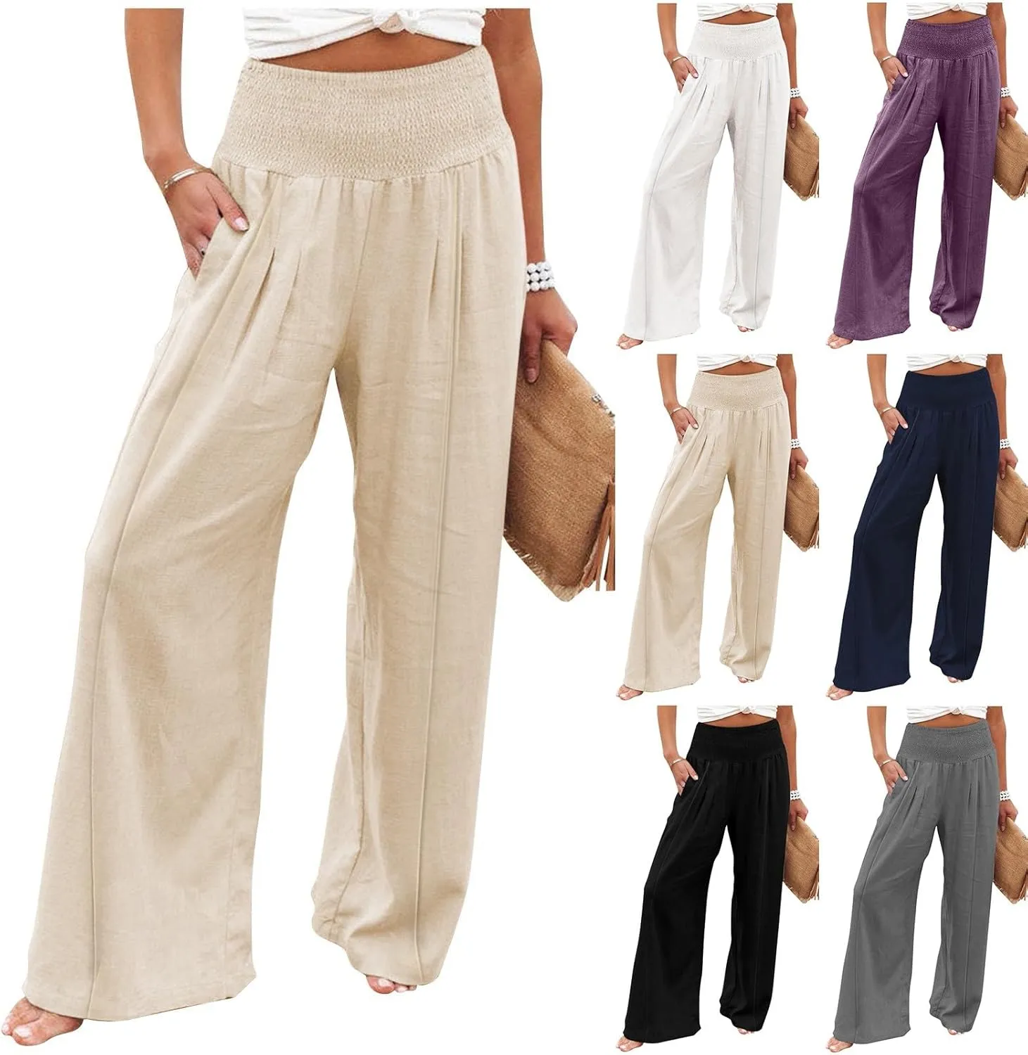 Flwoy Palazzo Pants for Women Smocked Elastic Waist Boho Linen Wide Leg Pants Casual Flowy Summer Pants with Pockets