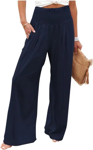 Flwoy Palazzo Pants for Women Smocked Elastic Waist Boho Linen Wide Leg Pants Casual Flowy Summer Pants with Pockets