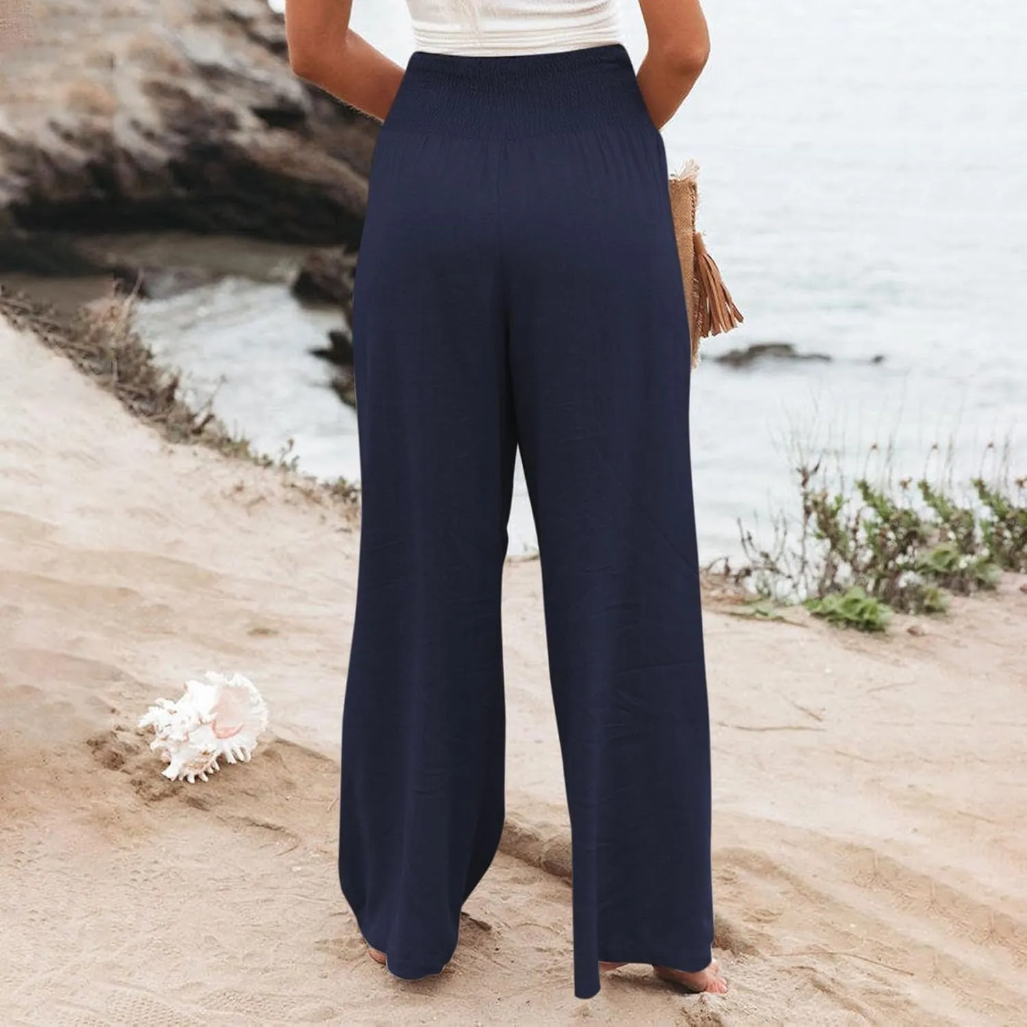 Flwoy Palazzo Pants for Women Smocked Elastic Waist Boho Linen Wide Leg Pants Casual Flowy Summer Pants with Pockets
