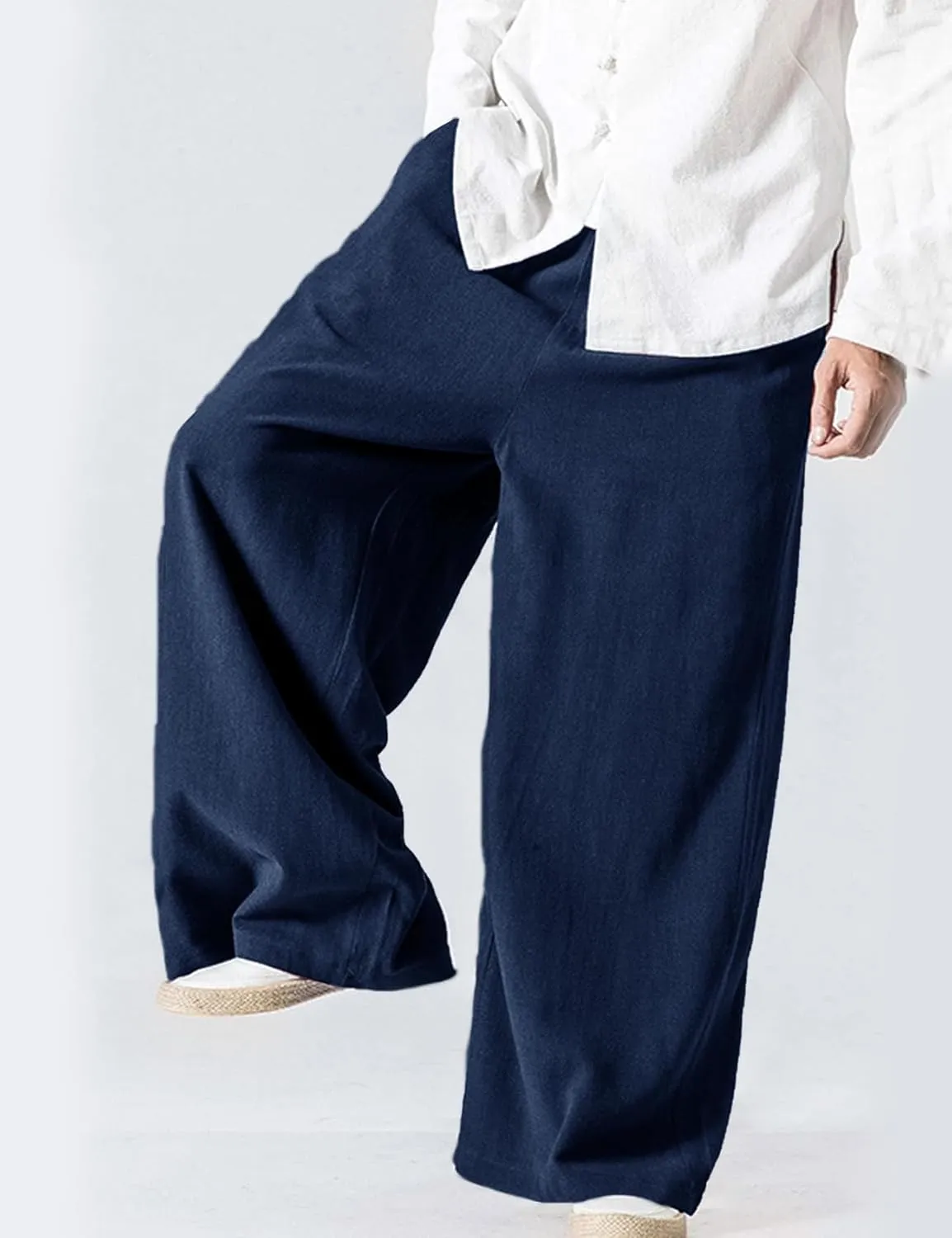 Flygo Mens Linen Pants Casual Wide Leg Baggy Pants Summer Cotton Elastic Waist Yoga Beach Palazzo Trousers