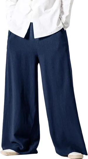 Flygo Mens Linen Pants Casual Wide Leg Baggy Pants Summer Cotton Elastic Waist Yoga Beach Palazzo Trousers