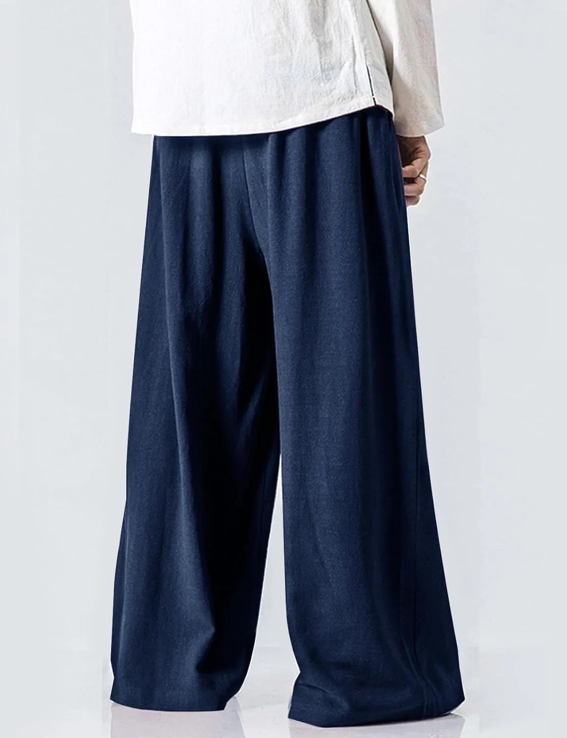 Flygo Mens Linen Pants Casual Wide Leg Baggy Pants Summer Cotton Elastic Waist Yoga Beach Palazzo Trousers