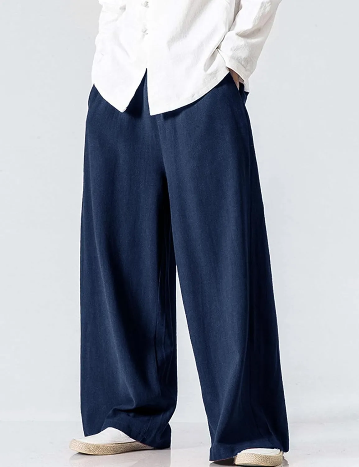 Flygo Mens Linen Pants Casual Wide Leg Baggy Pants Summer Cotton Elastic Waist Yoga Beach Palazzo Trousers