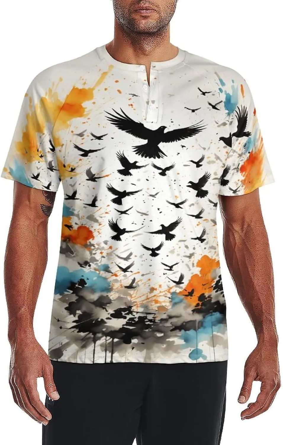 for Men Short Sleeve Shirts Bird Pattern V Neck Shirt Tshirt Casual Tops Pullover Quick Dry with Designs