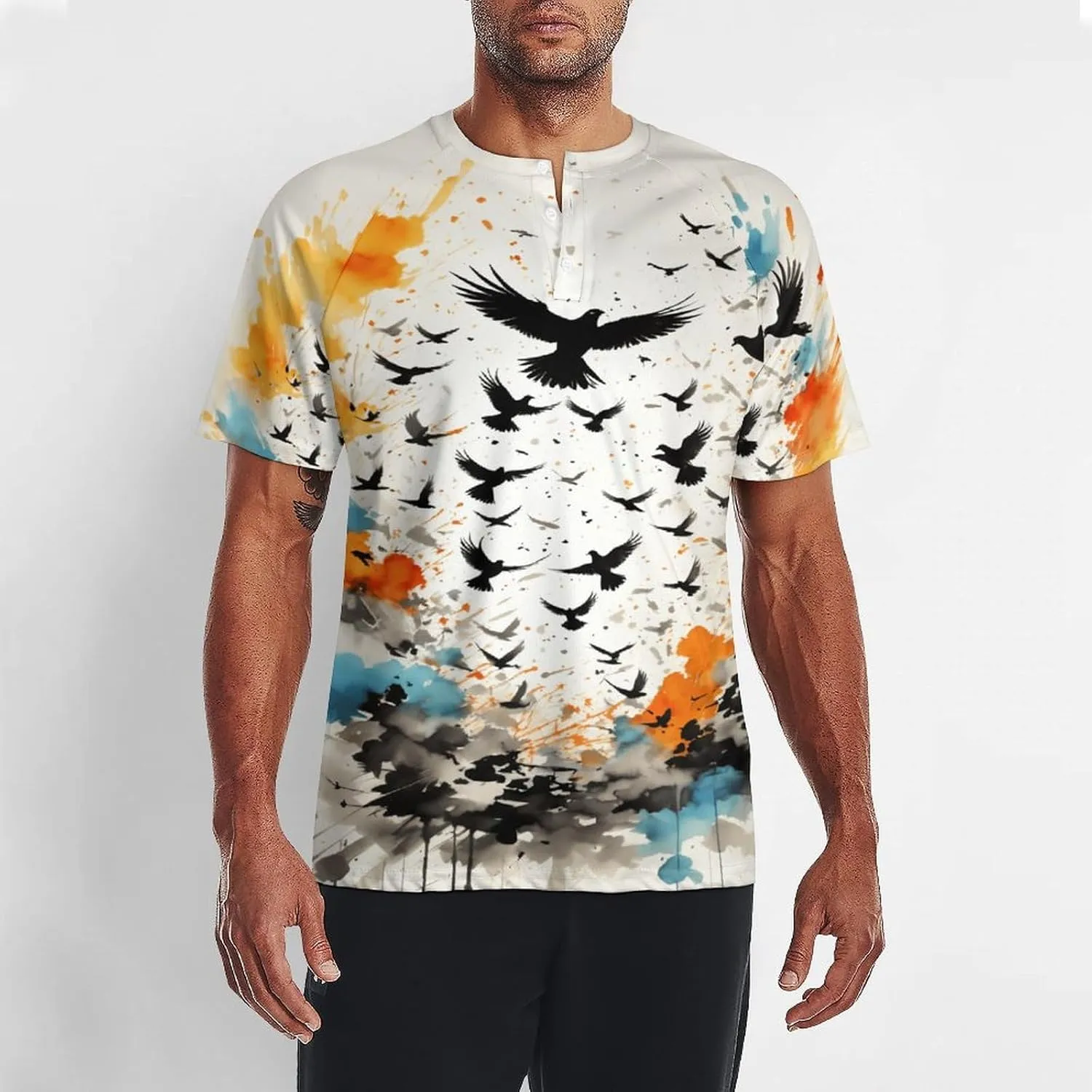 for Men Short Sleeve Shirts Bird Pattern V Neck Shirt Tshirt Casual Tops Pullover Quick Dry with Designs