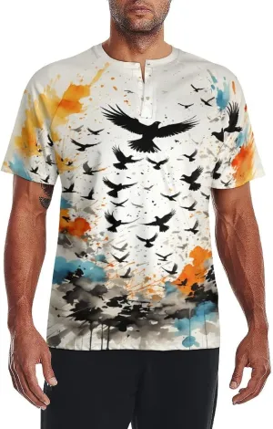 for Men Short Sleeve Shirts Bird Pattern V Neck Shirt Tshirt Casual Tops Pullover Quick Dry with Designs