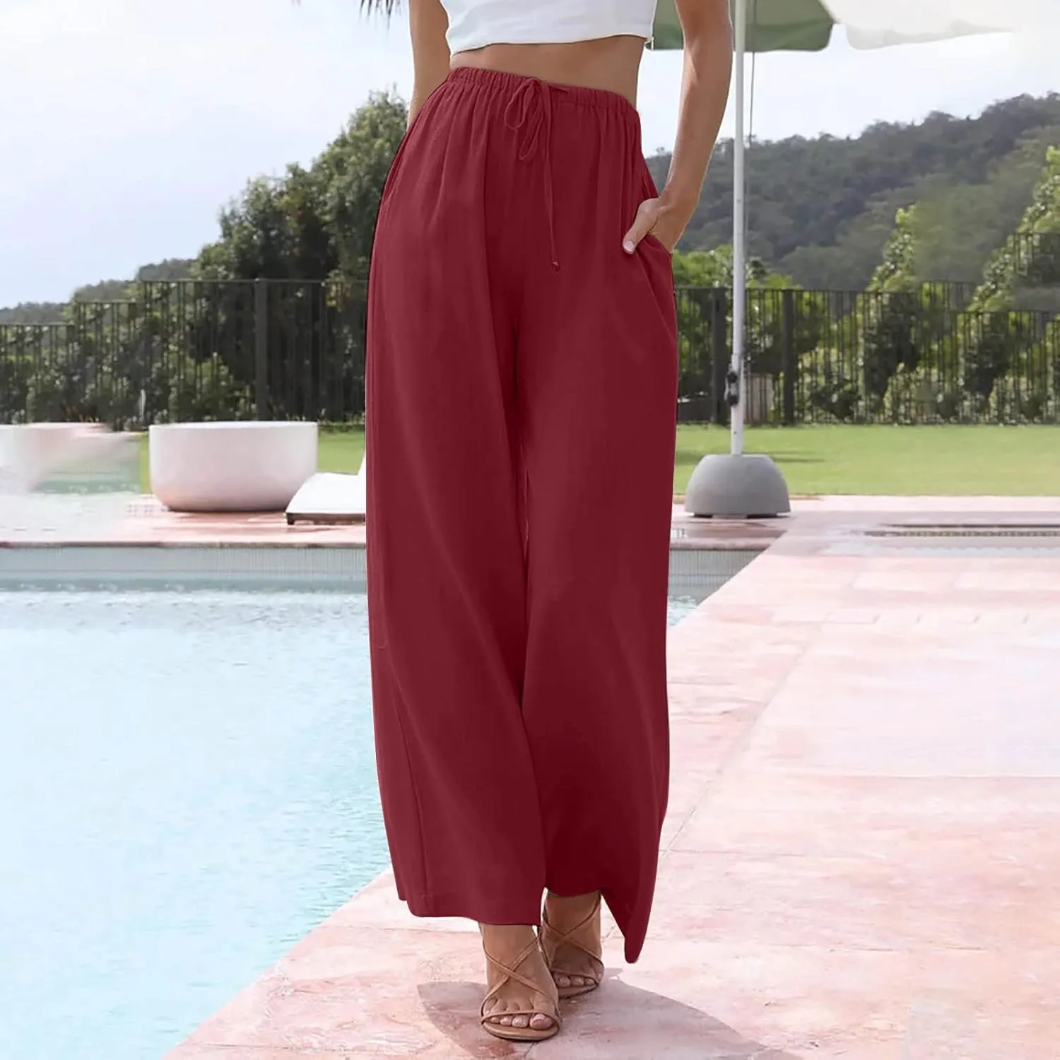 FRMUIC Women Cotton Linen Summer Palazzo Pants Flowy Wide Leg Beach Trousers Casual Lounge Pant Vacation Outfits with Pockets