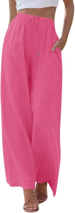FRMUIC Women Cotton Linen Summer Palazzo Pants Flowy Wide Leg Beach Trousers Casual Lounge Pant Vacation Outfits with Pockets