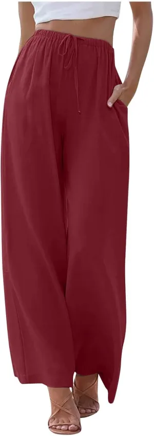 FRMUIC Women Cotton Linen Summer Palazzo Pants Flowy Wide Leg Beach Trousers Casual Lounge Pant Vacation Outfits with Pockets