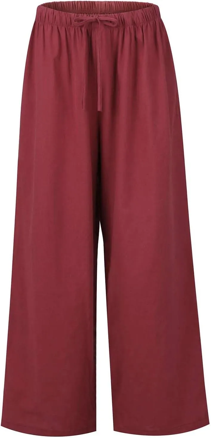 FRMUIC Women Cotton Linen Summer Palazzo Pants Flowy Wide Leg Beach Trousers Casual Lounge Pant Vacation Outfits with Pockets