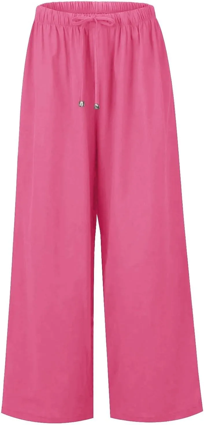 FRMUIC Women Cotton Linen Summer Palazzo Pants Flowy Wide Leg Beach Trousers Casual Lounge Pant Vacation Outfits with Pockets
