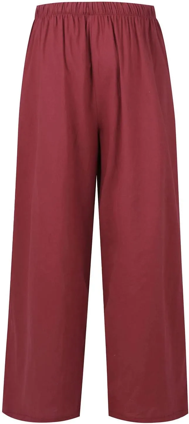 FRMUIC Women Cotton Linen Summer Palazzo Pants Flowy Wide Leg Beach Trousers Casual Lounge Pant Vacation Outfits with Pockets