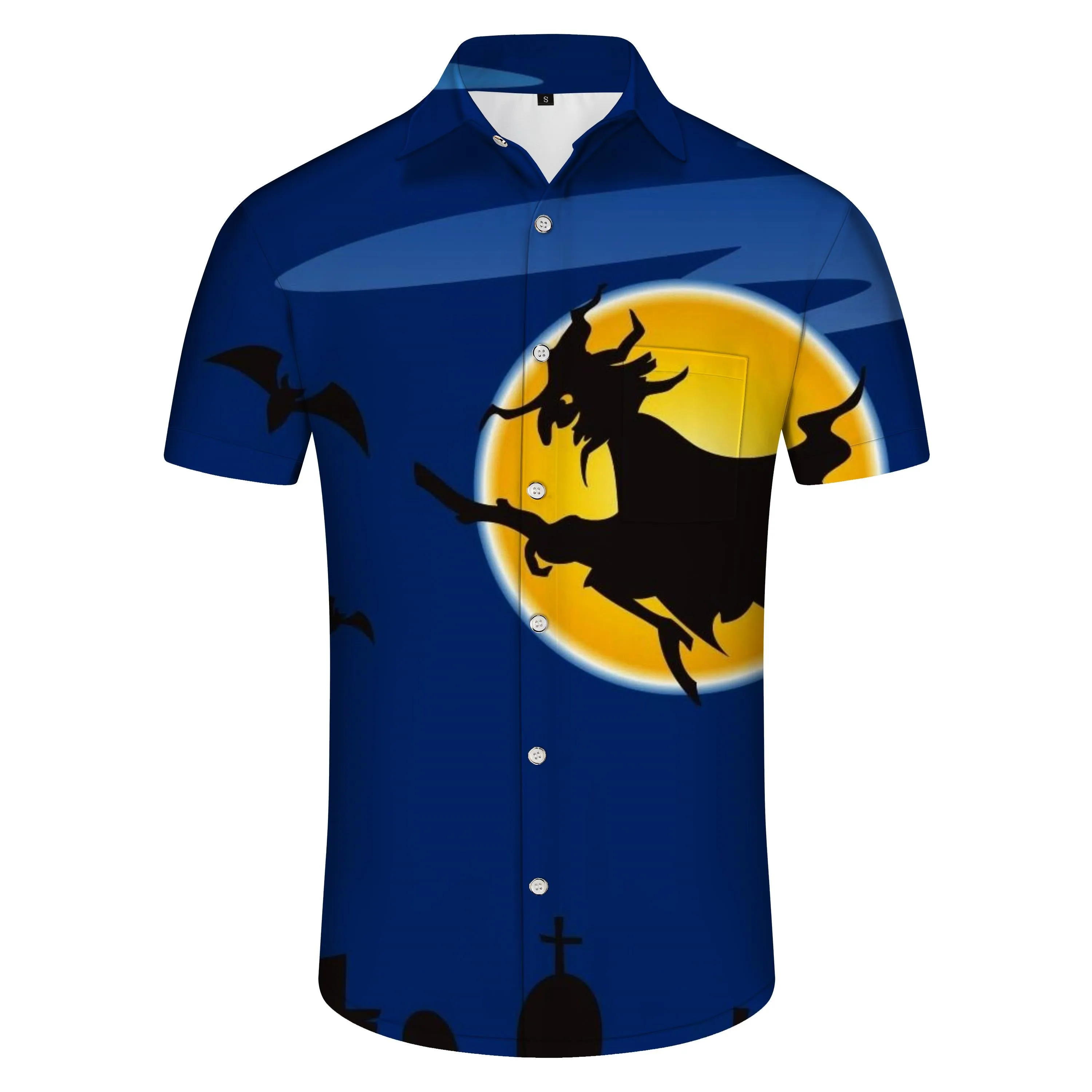 Full Moon Flying Bat Witch Short Sleeve Shirt Casual Men's 3D Printed Hawaiian Shirt Blue