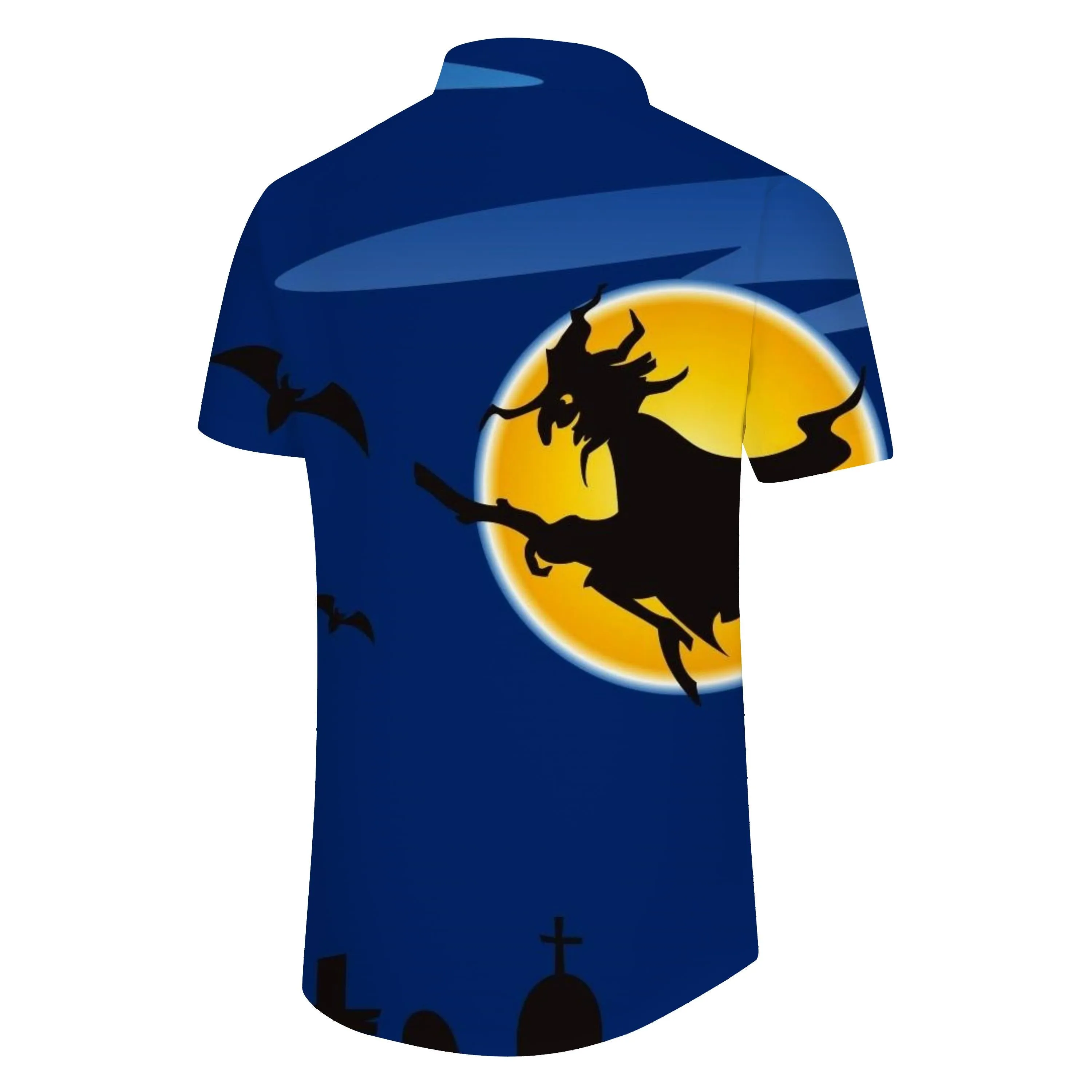 Full Moon Flying Bat Witch Short Sleeve Shirt Casual Men's 3D Printed Hawaiian Shirt Blue