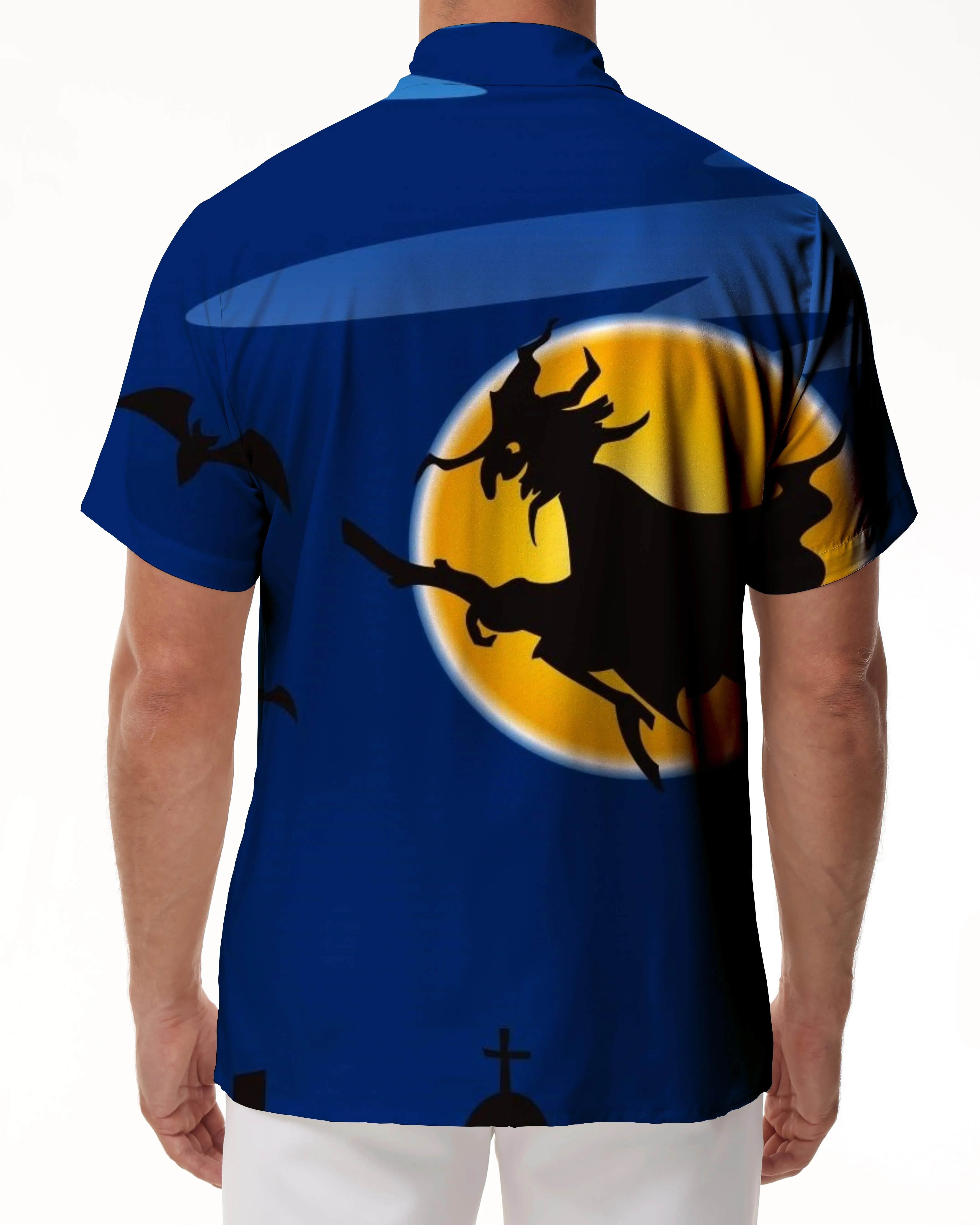 Full Moon Flying Bat Witch Short Sleeve Shirt Casual Men's 3D Printed Hawaiian Shirt Blue