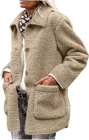 Fuzzy Fleece Jacket for Women Plus Size Button Down Lapel Sherpa Coats with Pocket Fluffy Winter Outerwear Warm Coat