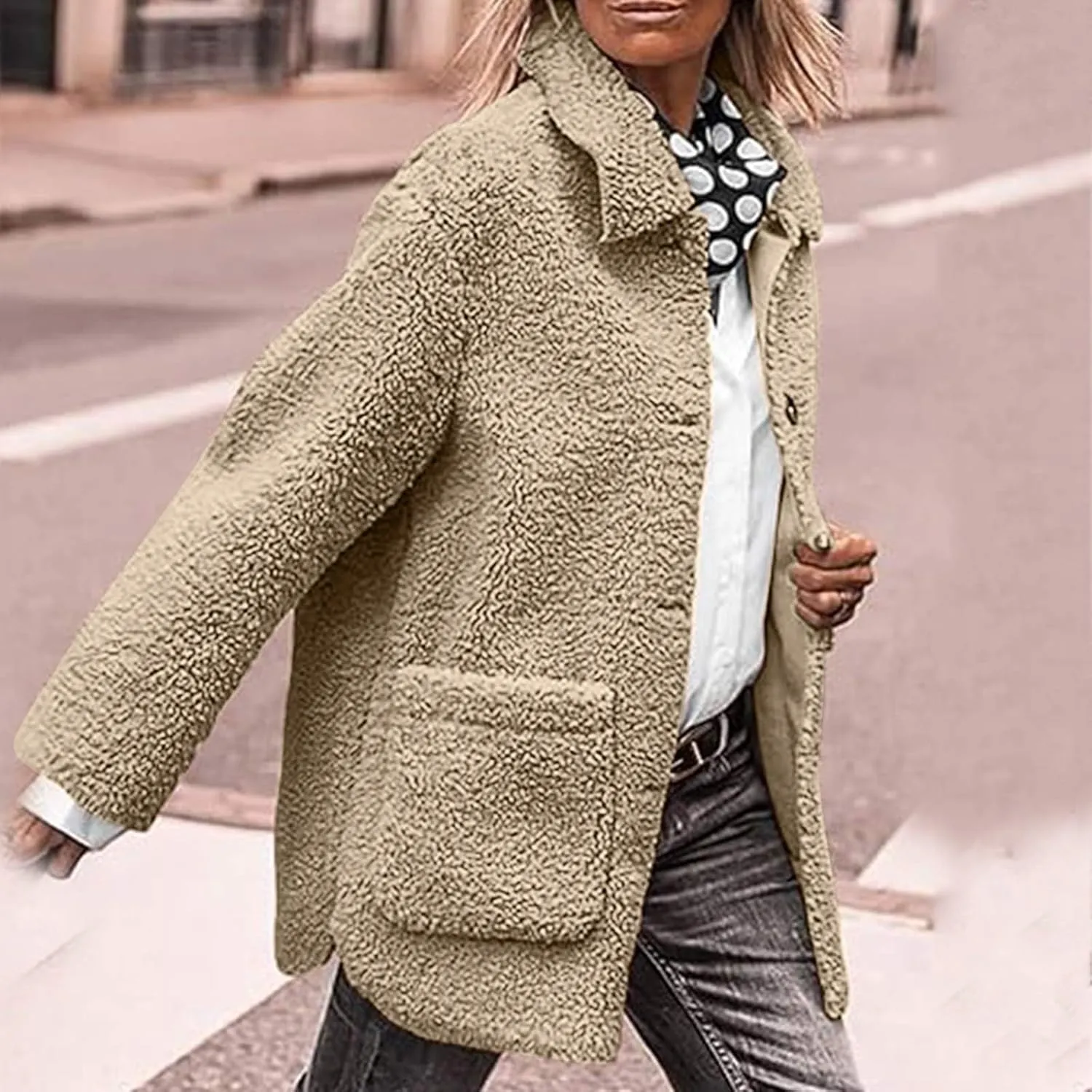 Fuzzy Fleece Jacket for Women Plus Size Button Down Lapel Sherpa Coats with Pocket Fluffy Winter Outerwear Warm Coat