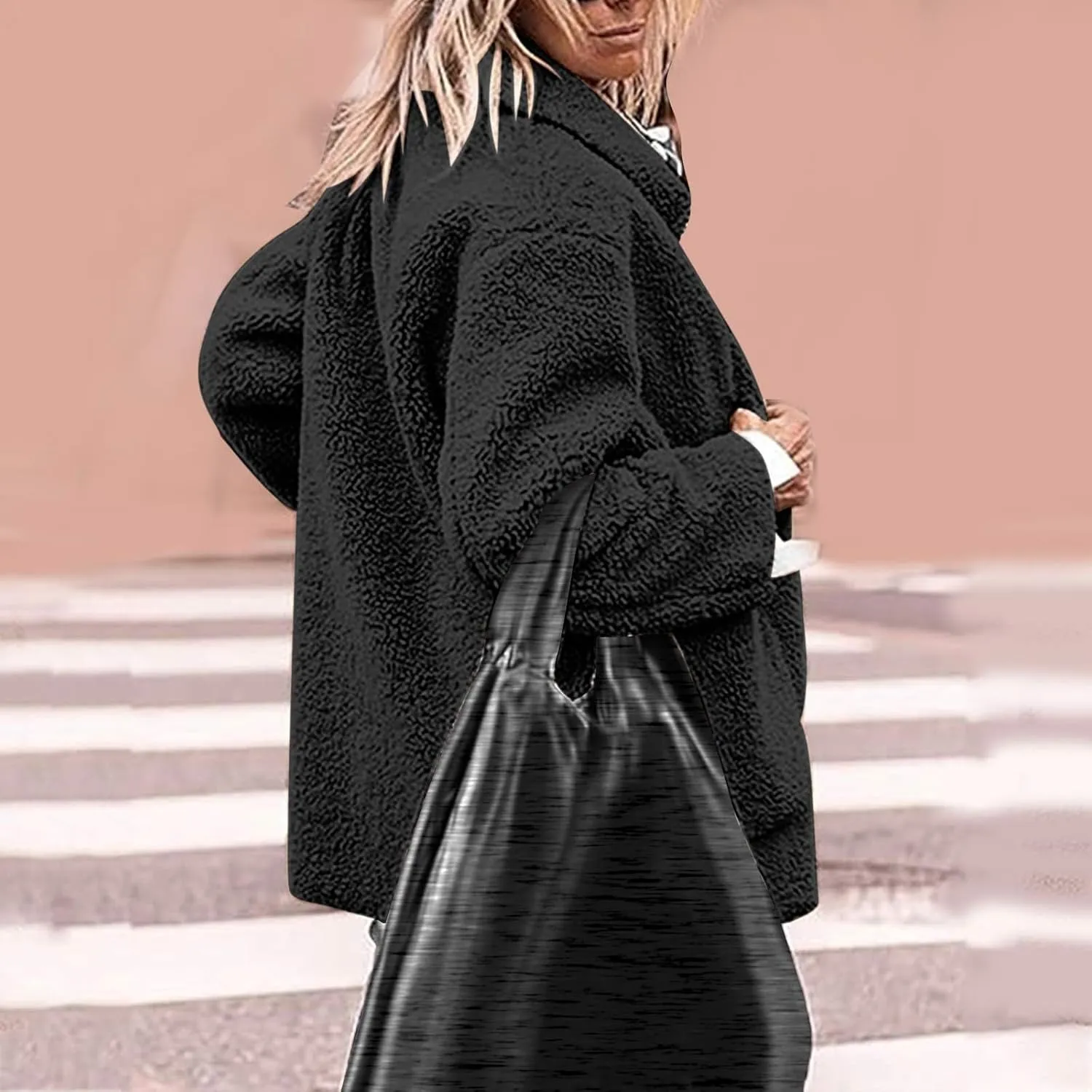 Fuzzy Fleece Jacket for Women Plus Size Button Down Lapel Sherpa Coats with Pocket Fluffy Winter Outerwear Warm Coat
