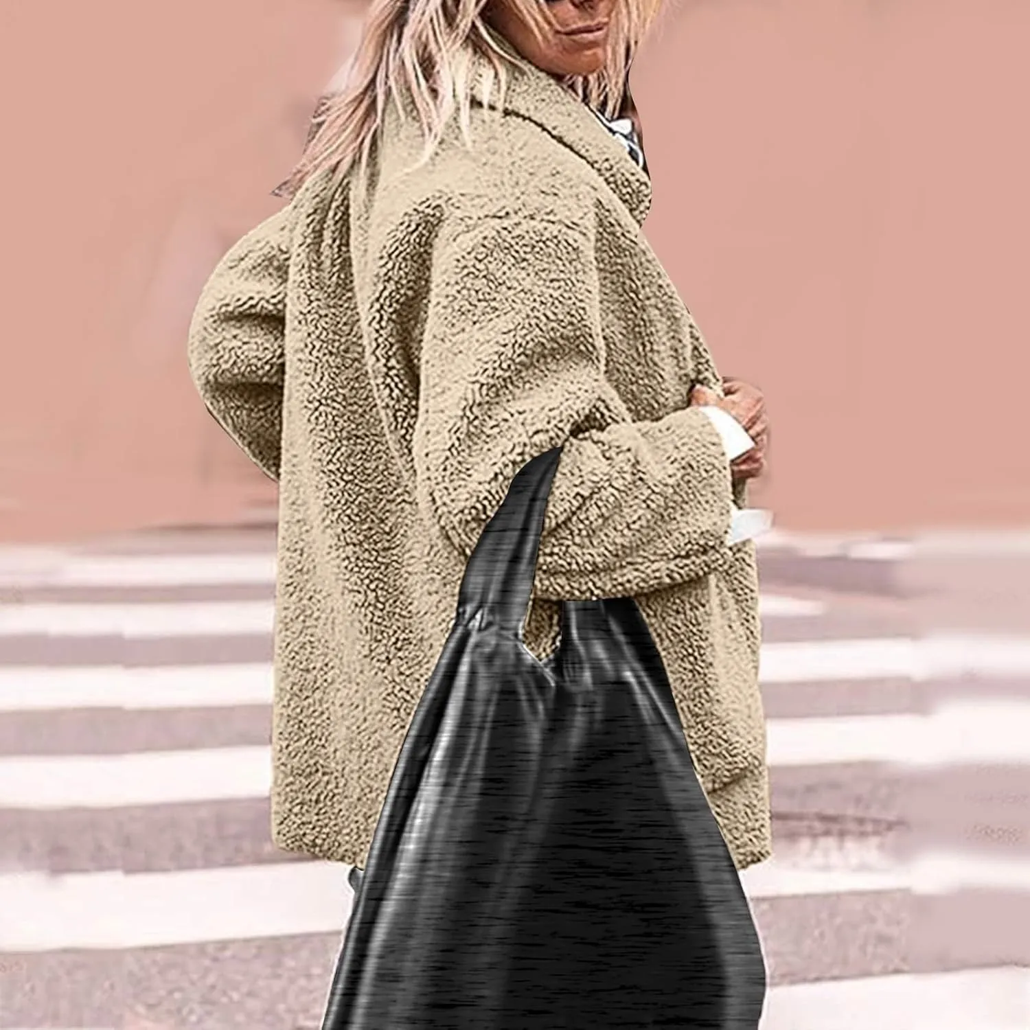 Fuzzy Fleece Jacket for Women Plus Size Button Down Lapel Sherpa Coats with Pocket Fluffy Winter Outerwear Warm Coat