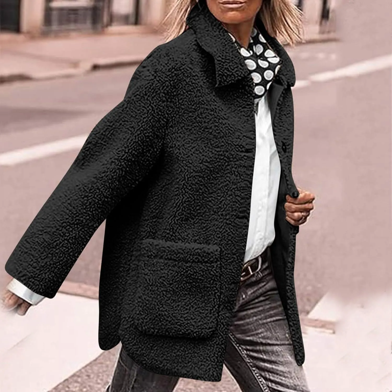 Fuzzy Fleece Jacket for Women Plus Size Button Down Lapel Sherpa Coats with Pocket Fluffy Winter Outerwear Warm Coat