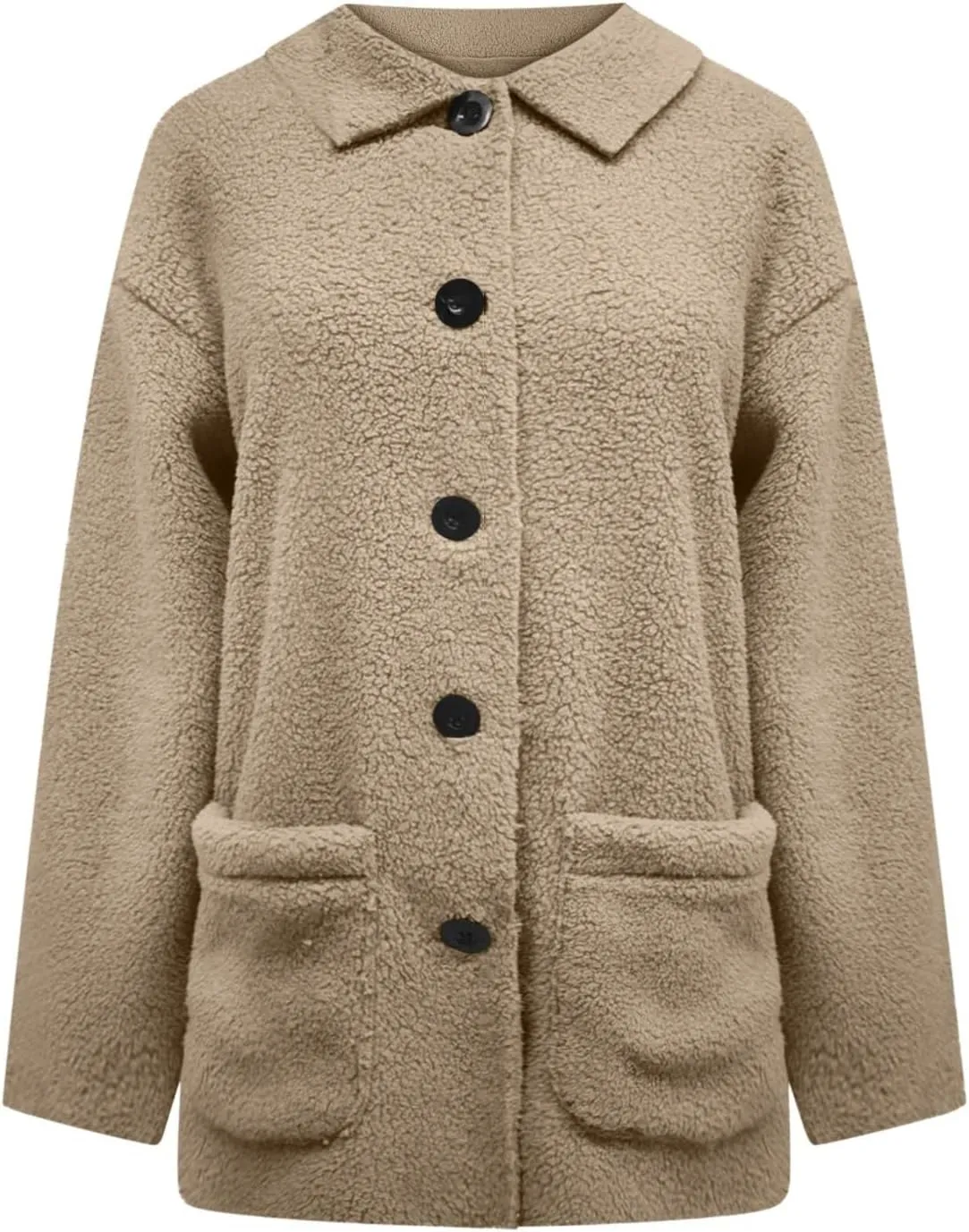 Fuzzy Fleece Jacket for Women Plus Size Button Down Lapel Sherpa Coats with Pocket Fluffy Winter Outerwear Warm Coat
