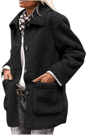 Fuzzy Fleece Jacket for Women Plus Size Button Down Lapel Sherpa Coats with Pocket Fluffy Winter Outerwear Warm Coat
