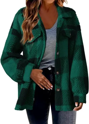 Fuzzy Fleece Jackets For Women Casual Fashion 2023 Plaid Button Down Shacket Warm Winter Sherpa Coats Outwear