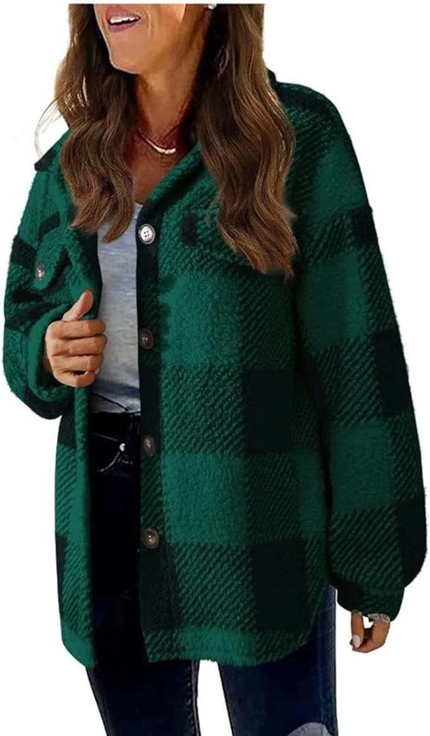 Fuzzy Fleece Jackets For Women Casual Fashion 2023 Plaid Button Down Shacket Warm Winter Sherpa Coats Outwear