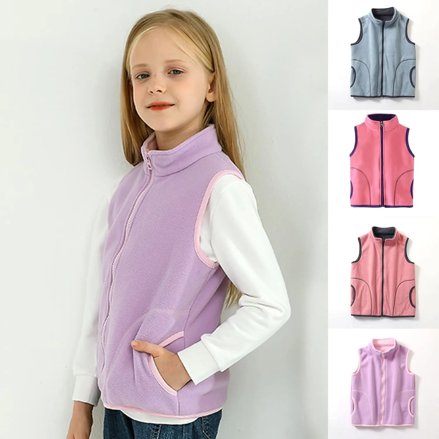 Girls' Full-Zip Polar Fleece Vest Jacket Kids Sleeveless Lightweight Outwear Windproof Coat Waistcoat with Pockets