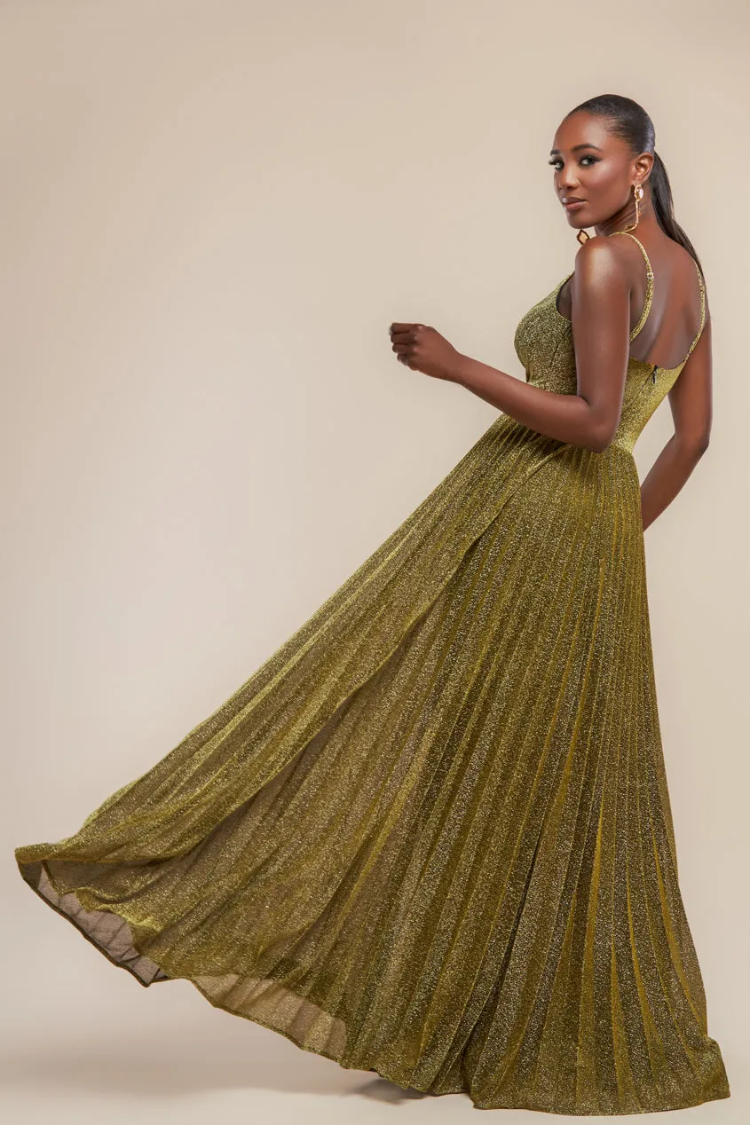 Goddiva Sleeveless Pleated A Line Lurex Maxi Dress