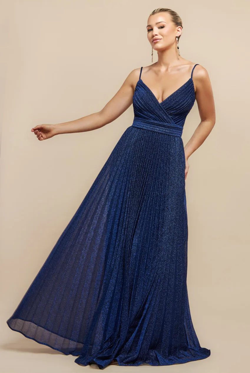 Goddiva Sleeveless Pleated A Line Lurex Maxi Dress