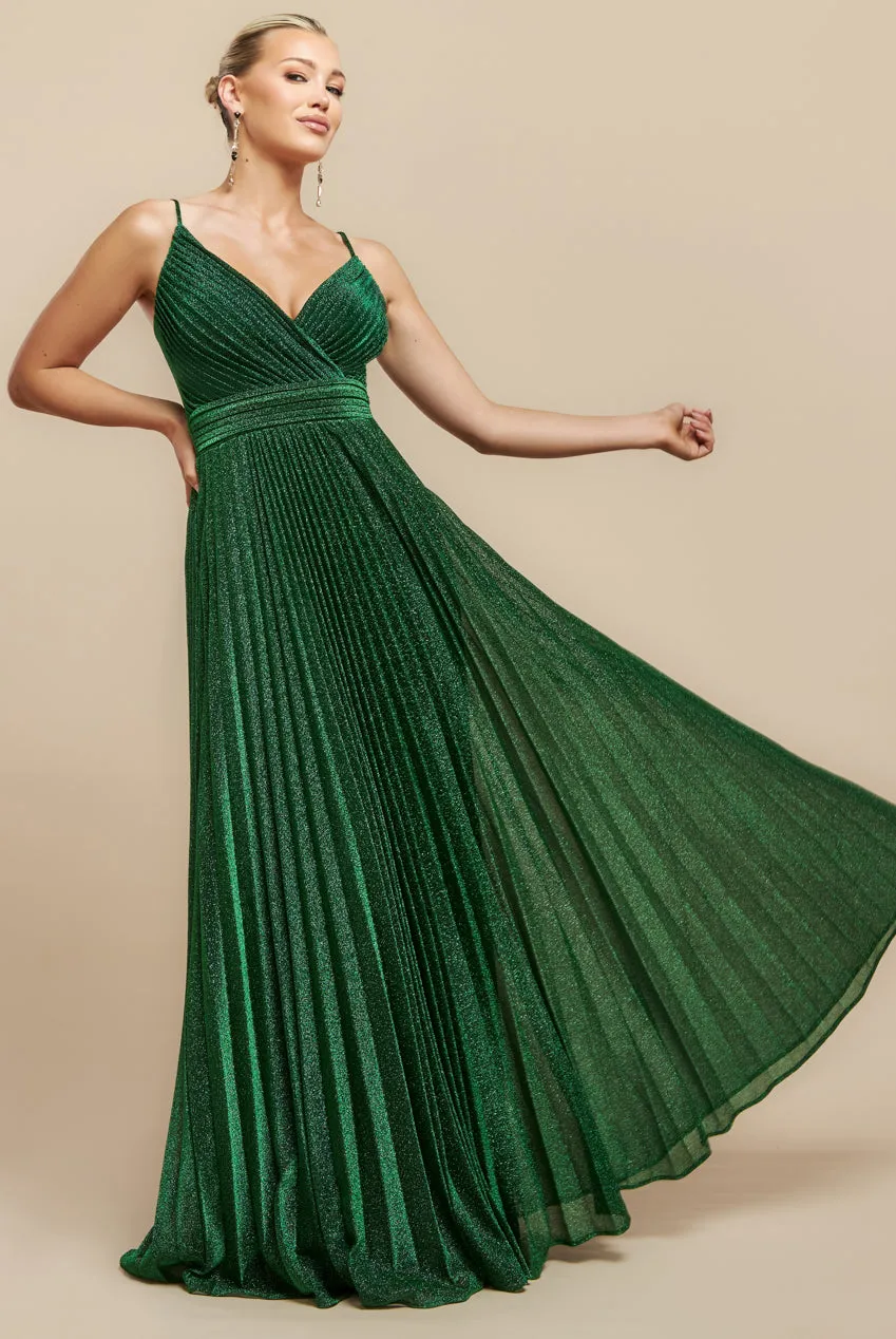 Goddiva Sleeveless Pleated A Line Lurex Maxi Dress