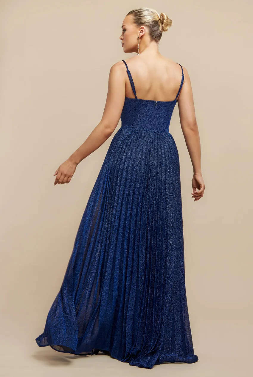 Goddiva Sleeveless Pleated A Line Lurex Maxi Dress