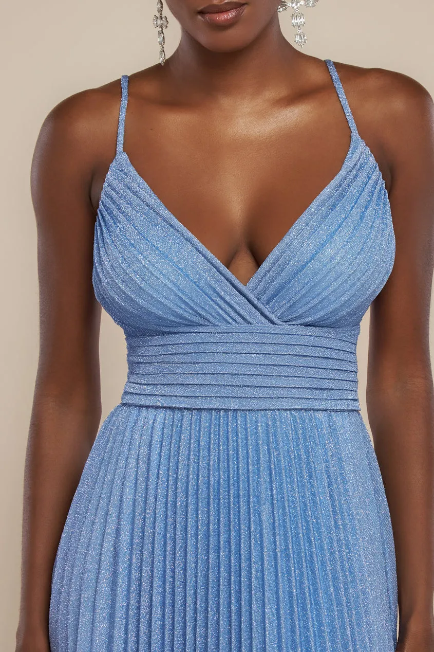 Goddiva Sleeveless Pleated A Line Lurex Maxi Dress