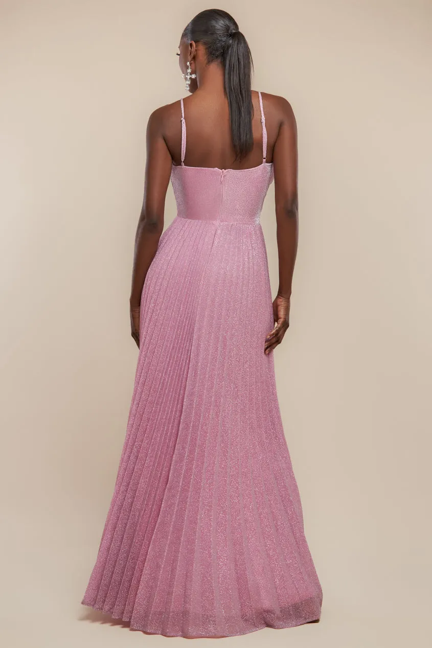 Goddiva Sleeveless Pleated A Line Lurex Maxi Dress