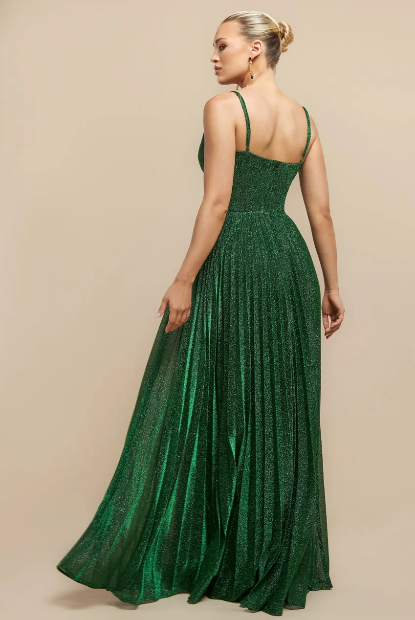 Goddiva Sleeveless Pleated A Line Lurex Maxi Dress