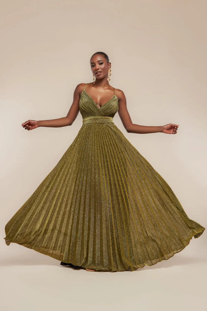 Goddiva Sleeveless Pleated A Line Lurex Maxi Dress