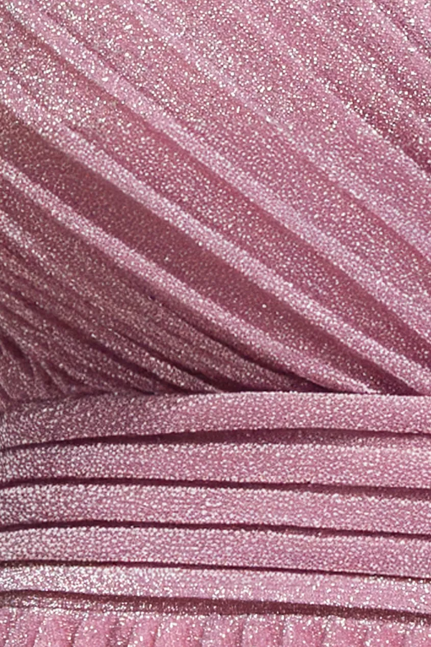 Goddiva Sleeveless Pleated A Line Lurex Maxi Dress