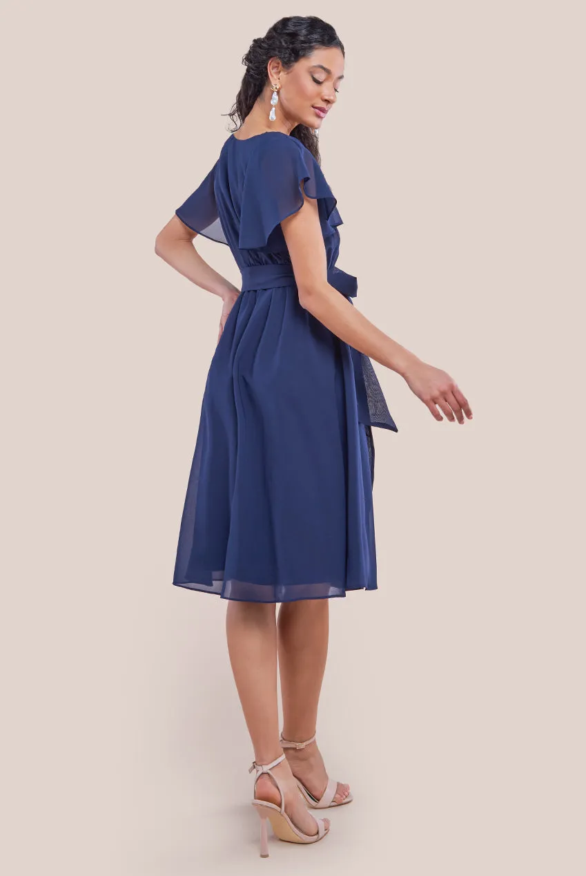 Goddiva Sustainable Flutter Sleeve Chiffon Wrap Midi Dress