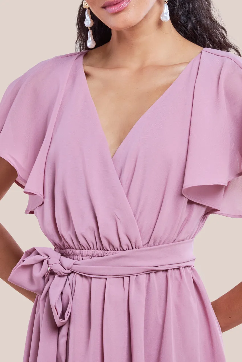 Goddiva Sustainable Flutter Sleeve Chiffon Wrap Midi Dress