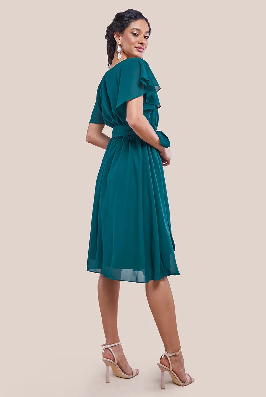 Goddiva Sustainable Flutter Sleeve Chiffon Wrap Midi Dress