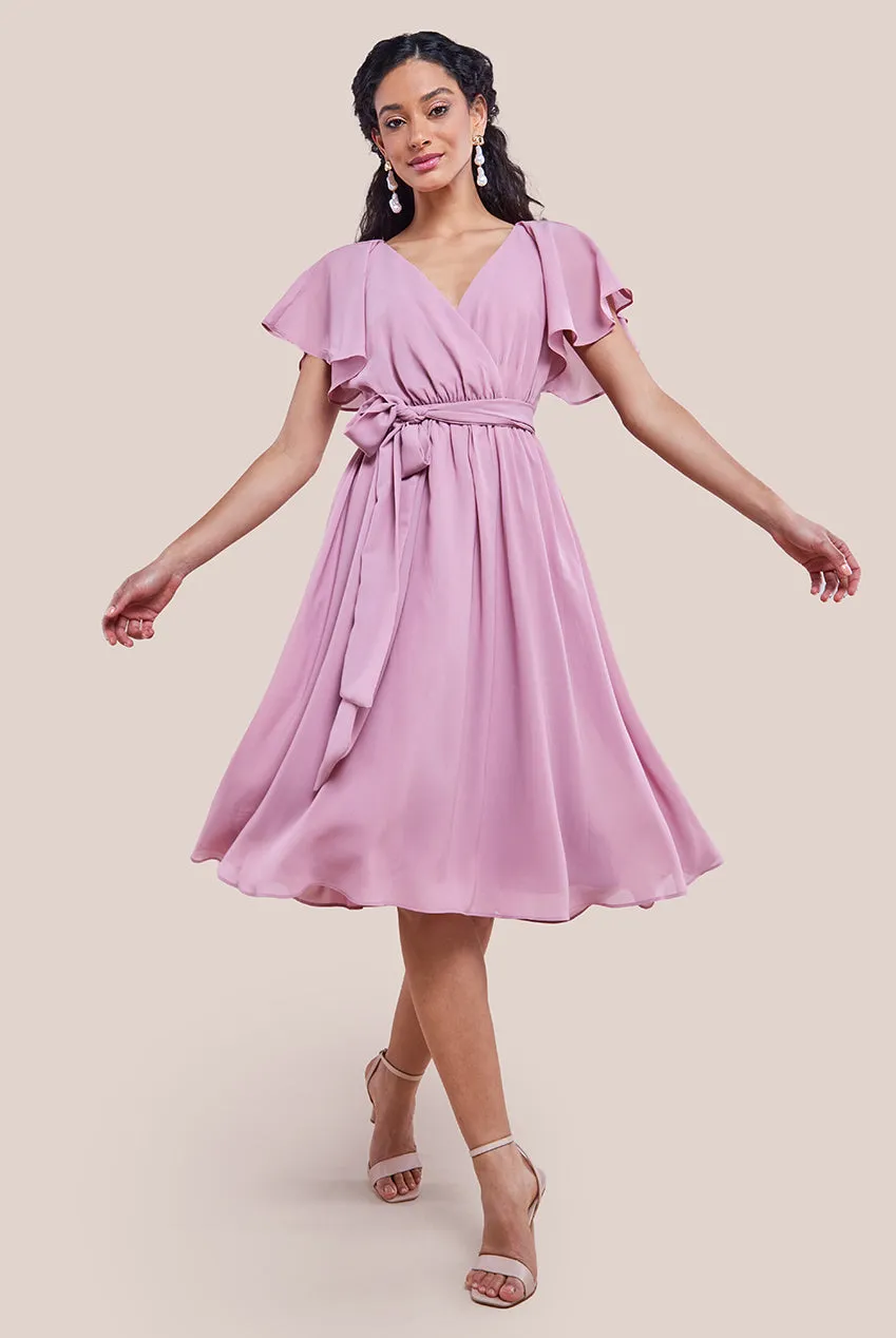 Goddiva Sustainable Flutter Sleeve Chiffon Wrap Midi Dress